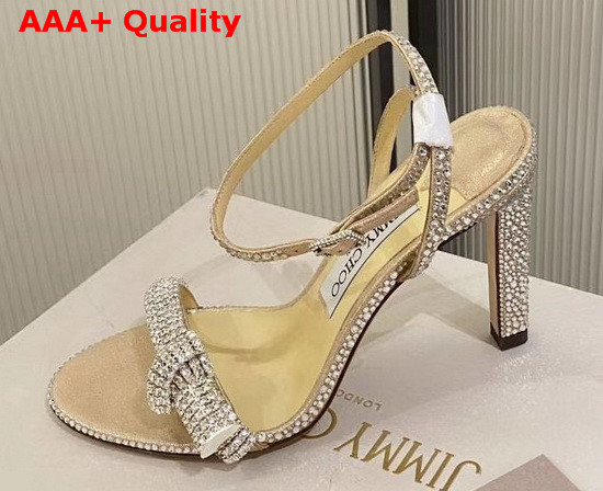Jimmy Choo Thyra 100 Light Gold Suede Sandals with Pave Crystal Cord Detail Replica