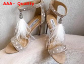 Jimmy Choo Viola 110 White Suede and Hot Fix Crystal Embellished Sandals with an Ostrich Feather Tassel Replica