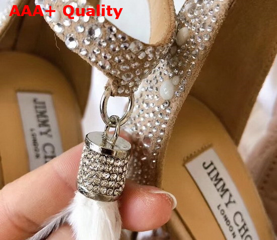 Jimmy Choo Viola 110 White Suede and Hot Fix Crystal Embellished Sandals with an Ostrich Feather Tassel Replica