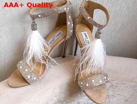 Jimmy Choo Viola 110 White Suede and Hot Fix Crystal Embellished Sandals with an Ostrich Feather Tassel Replica