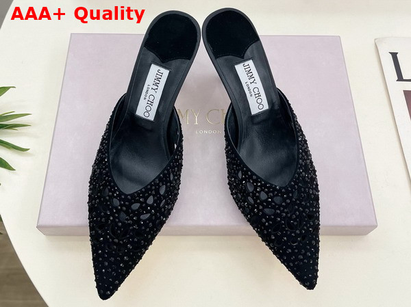 Jimmy Choo Vivi 65 Mules in Black Perforated Crystal Suede Replica