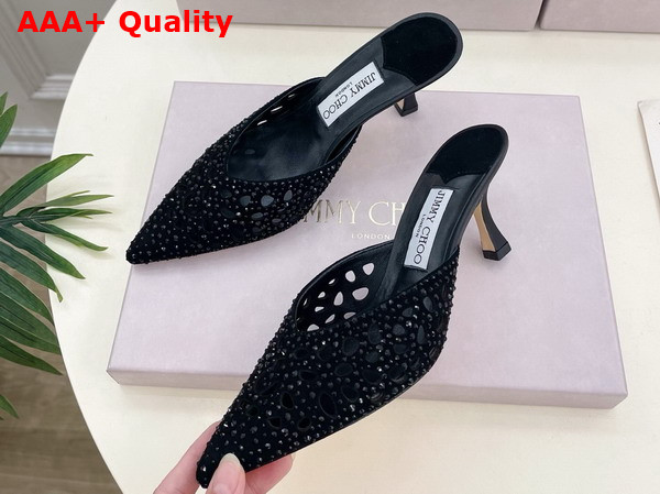 Jimmy Choo Vivi 65 Mules in Black Perforated Crystal Suede Replica