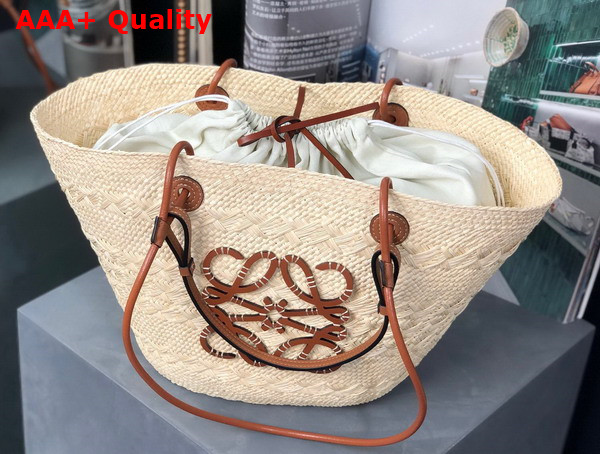 Loewe Anagram Basket Bag in Iraca Palm and Calfskin Natural and Tan Replica