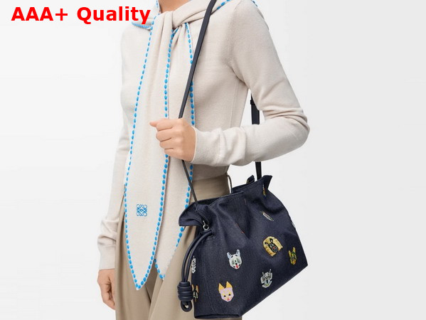 Loewe Cats Medium Flamenco Clutch in Embroidered Denim Blue Replica