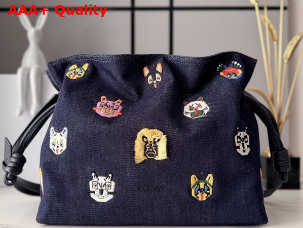 Loewe Cats Medium Flamenco Clutch in Embroidered Denim Blue Replica