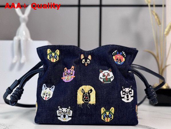 Loewe Cats Mini Flamenco Clutch in Blue Embroidered Denim Replica