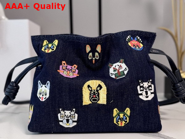 Loewe Cats Mini Flamenco Clutch in Blue Embroidered Denim Replica