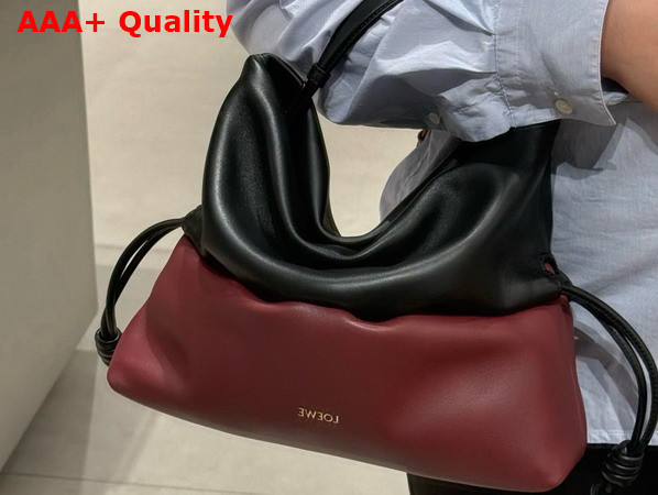 Loewe Flamenco Rolled Bag in Bicolour Mellow Nappa Lambskin Black and Copper Red Replica