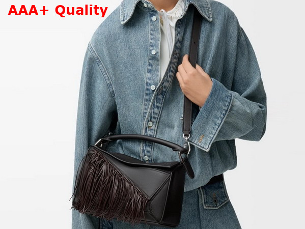 Loewe Fringe Small Puzzle Bag in Classic Calfskin Black and Dark Chestnut Replica