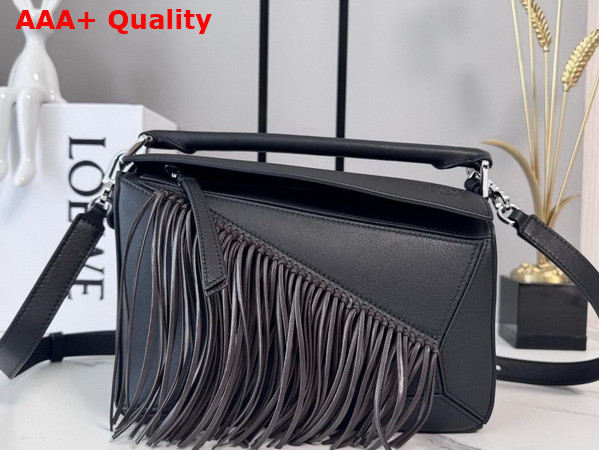 Loewe Fringe Small Puzzle Bag in Classic Calfskin Black and Dark Chestnut Replica