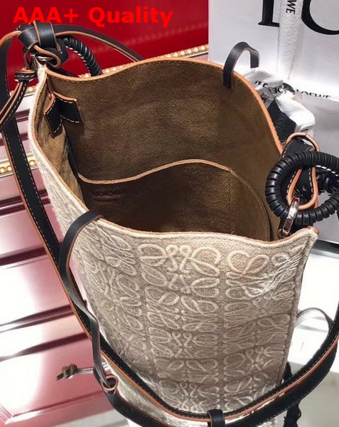 Loewe Gate Bucket Handle Bag in Anagram Linen and Calfskin Natural Black Replica