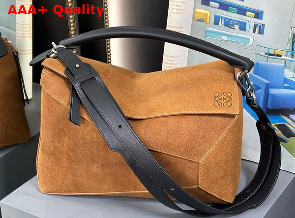 Loewe Large Puzzle Bag in Cognac Suede Calfskin Replica