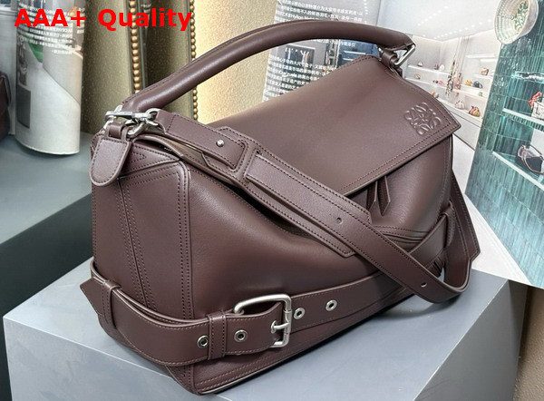 Loewe Large Puzzle Biker Bag in Shiny Calfskin Dark Brownie Replica