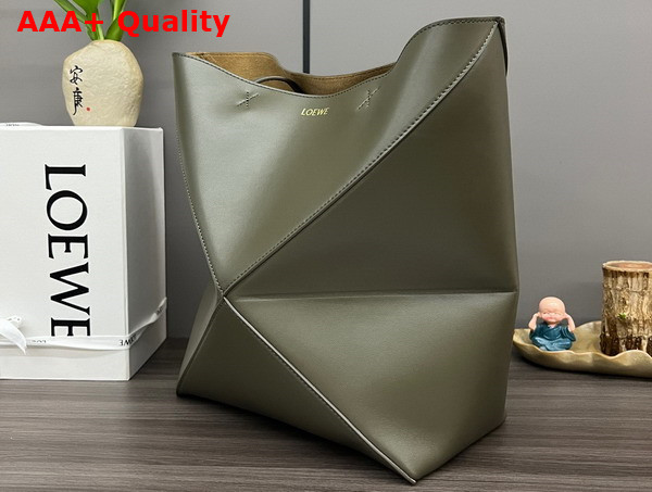 Loewe Large Puzzle Fold Tote in Shiny Calfskin Dark Khaki Replica