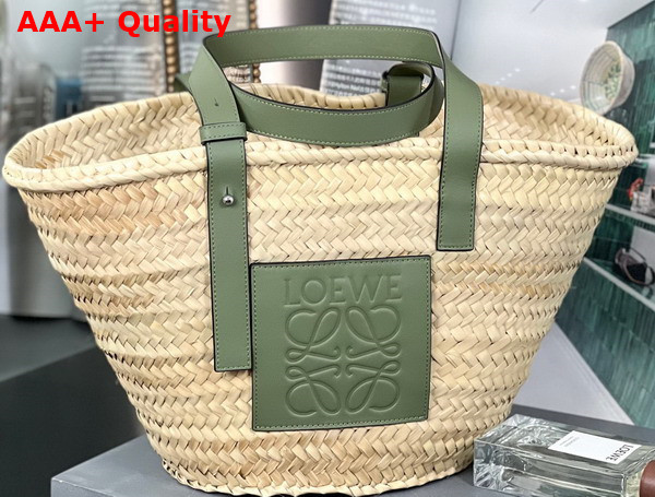 Loewe Medium Basket Bag in Palm Leaf and Calfskin Natural Green Replica