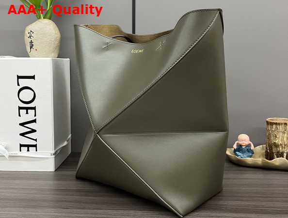 Loewe Medium Puzzle Fold Tote in Dark Khaki Shiny Calfskin Replica