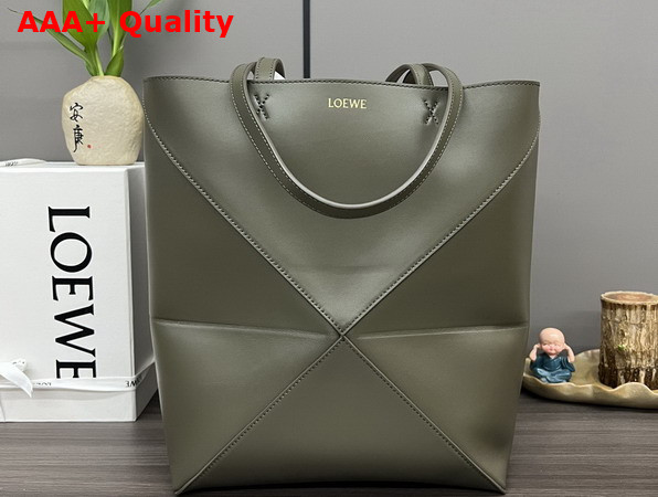 Loewe Medium Puzzle Fold Tote in Dark Khaki Shiny Calfskin Replica