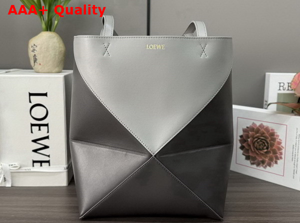 Loewe Medium Puzzle Fold Tote in Shiny Calfskin Pearl Grey and Dark Grey Replica