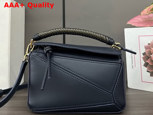 Loewe Mini Puzzle Bag in Deep Navy Smooth Calfskin with Woven Handle Replica