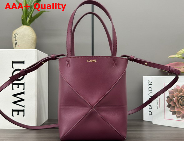 Loewe Mini Puzzle Fold Tote in Burgundy Shiny Calfskin Replica