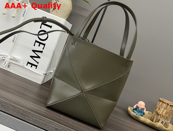 Loewe Mini Puzzle Fold Tote in Dark Khaki Green Shiny Calfskin Replica