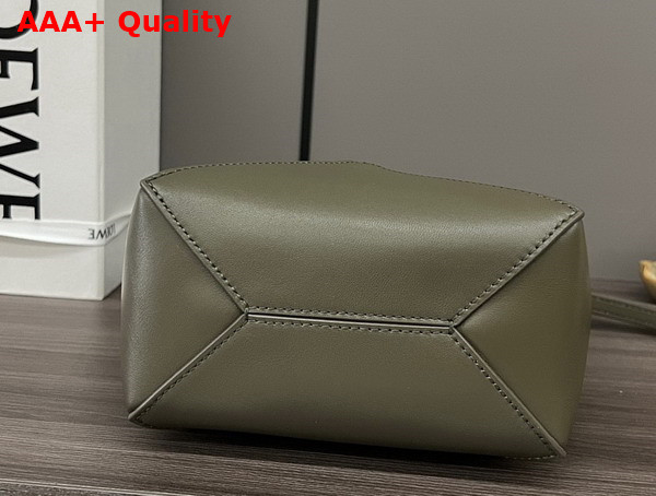 Loewe Mini Puzzle Fold Tote in Dark Khaki Green Shiny Calfskin Replica