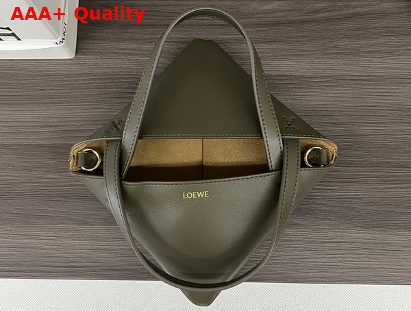 Loewe Mini Puzzle Fold Tote in Dark Khaki Green Shiny Calfskin Replica