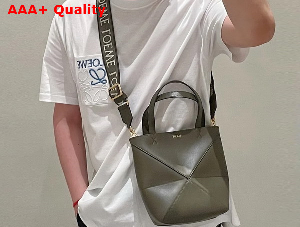 Loewe Mini Puzzle Fold Tote in Dark Khaki Green Shiny Calfskin Replica