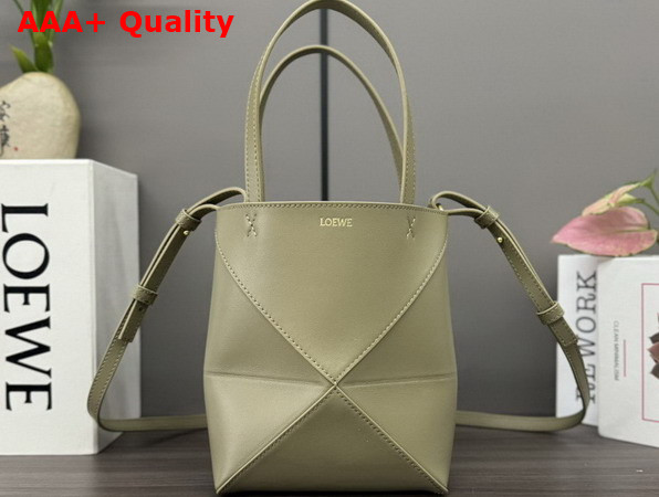 Loewe Mini Puzzle Fold Tote in Olive Shiny Calfskin Replica