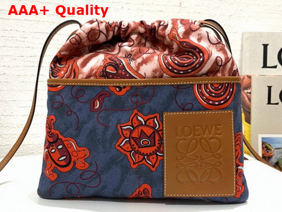 Loewe Paulas Small Drawstring Pouch Blue Canvas and Tan Calfskin Replica
