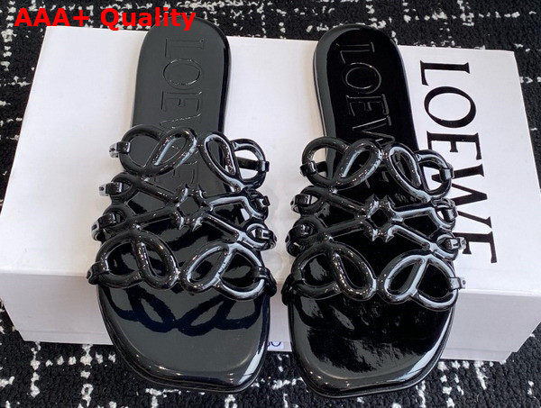 Loewe Petal Anagram Slide in Black Patent Leather Replica