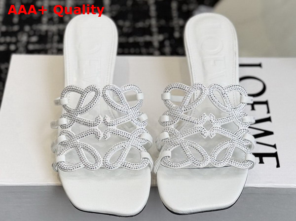 Loewe Petal Anagram Slide in Rhinestone Embellished Suede Anthurium White Replica