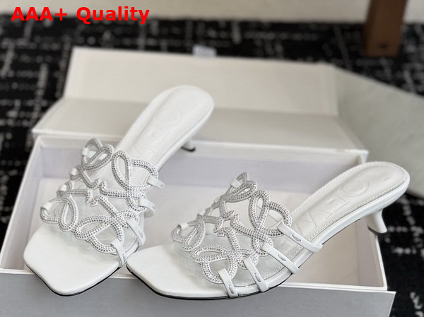 Loewe Petal Anagram Slide in Rhinestone Embellished Suede Anthurium White Replica