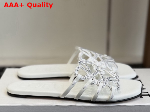 Loewe Petal Anagram Slide in Rhinestone Embellished Suede Anthurium White Replica