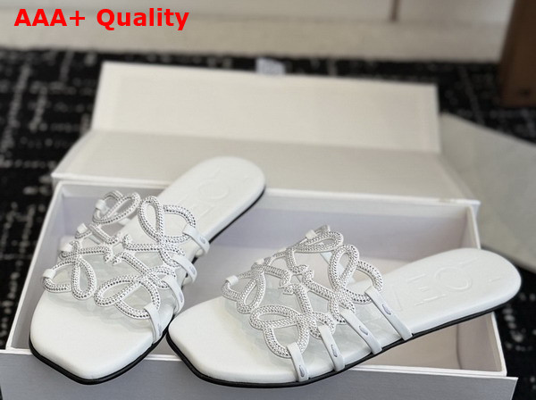 Loewe Petal Anagram Slide in Rhinestone Embellished Suede Anthurium White Replica