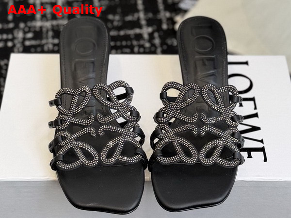 Loewe Petal Anagram Slide in Rhinestone Embellished Suede Black Replica