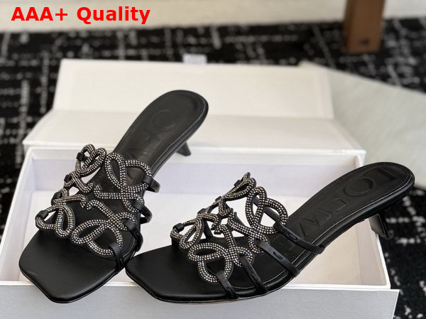 Loewe Petal Anagram Slide in Rhinestone Embellished Suede Black Replica