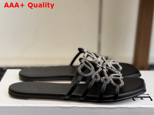 Loewe Petal Anagram Slide in Rhinestone Embellished Suede Black Replica