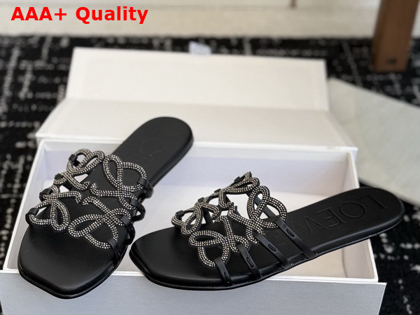 Loewe Petal Anagram Slide in Rhinestone Embellished Suede Black Replica