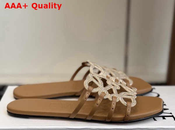 Loewe Petal Anagram Slide in Rhinestone Embellished Suede Camel Replica