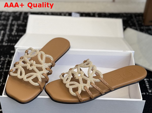 Loewe Petal Anagram Slide in Rhinestone Embellished Suede Camel Replica