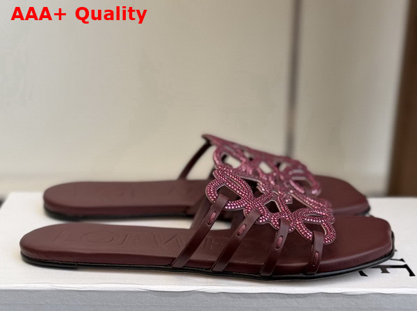 Loewe Petal Anagram Slide in Rhinestone Embellished Suede Dark Burgundy Replica