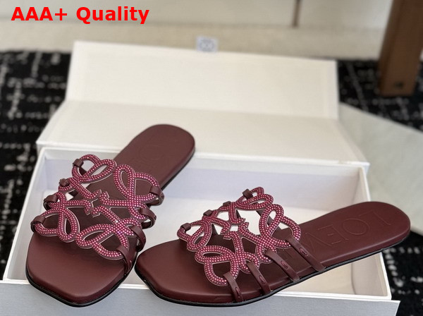 Loewe Petal Anagram Slide in Rhinestone Embellished Suede Dark Burgundy Replica