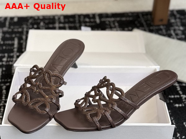 Loewe Petal Anagram Slide in Rhinestone Embellished Suede Dark Chestnut Replica