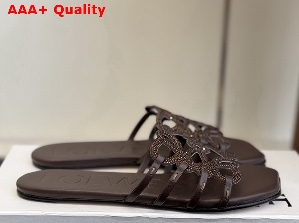 Loewe Petal Anagram Slide in Rhinestone Embellished Suede Dark Chestnut Replica