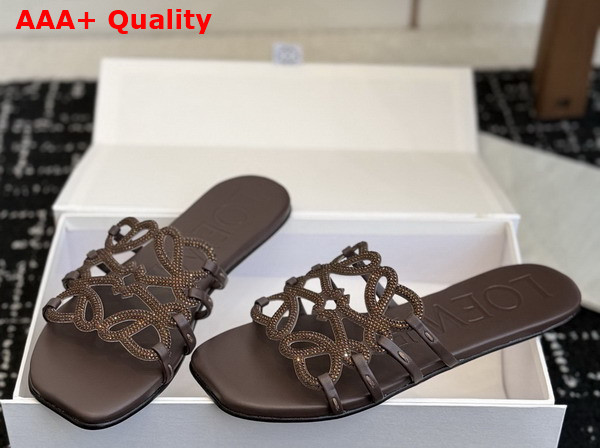 Loewe Petal Anagram Slide in Rhinestone Embellished Suede Dark Chestnut Replica