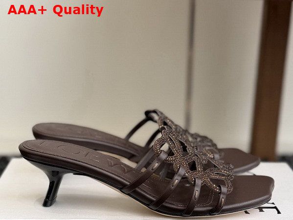 Loewe Petal Anagram Slide in Rhinestone Embellished Suede Dark Chestnut Replica