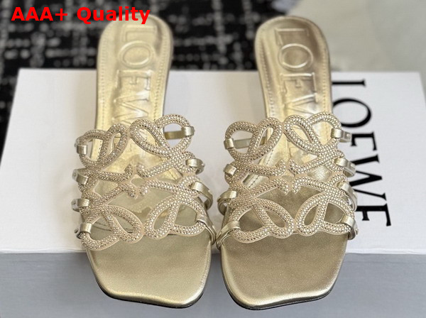 Loewe Petal Anagram Slide in Rhinestone Embellished Suede Light Gold Replica