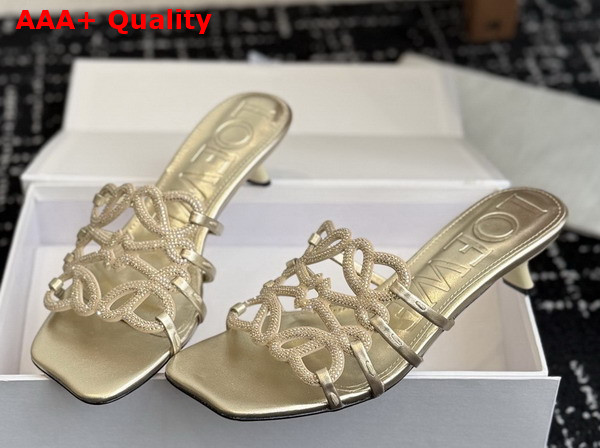 Loewe Petal Anagram Slide in Rhinestone Embellished Suede Light Gold Replica