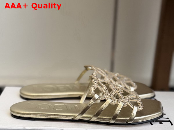 Loewe Petal Anagram Slide in Rhinestone Embellished Suede Light Gold Replica